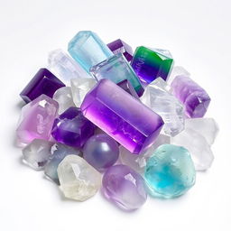 A pile of Fluorite crystals, featuring both polished and raw forms, artistically displayed on a pristine white backdrop