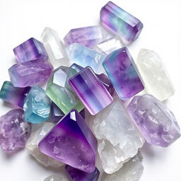 A pile of Fluorite crystals, featuring both polished and raw forms, artistically displayed on a pristine white backdrop