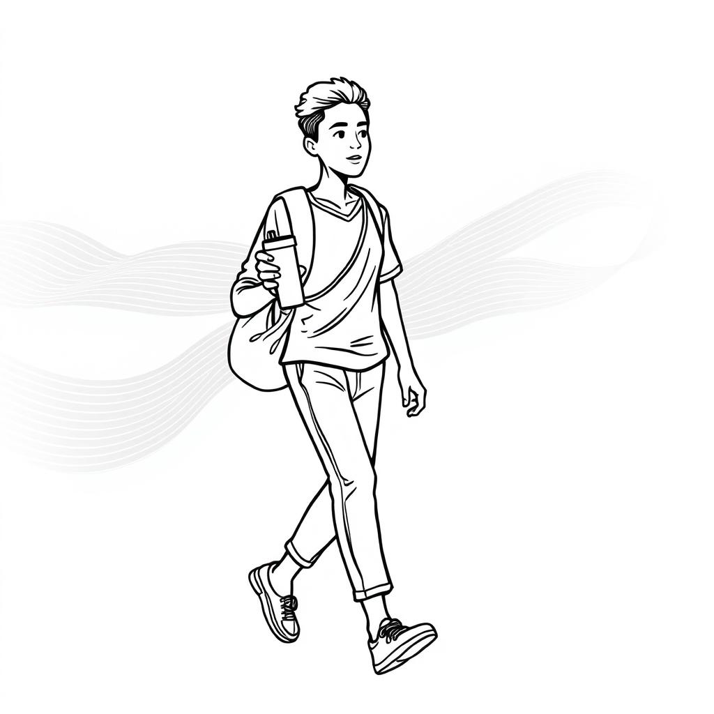 line art illustration of an Indonesian person walking while carrying a tumbler, showcasing distinctively Indonesian facial features and attire