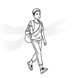 line art illustration of an Indonesian person walking while carrying a tumbler, showcasing distinctively Indonesian facial features and attire