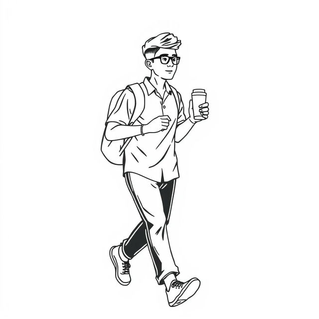 line art illustration of an Indonesian person walking while carrying a tumbler, showcasing distinctively Indonesian facial features and attire