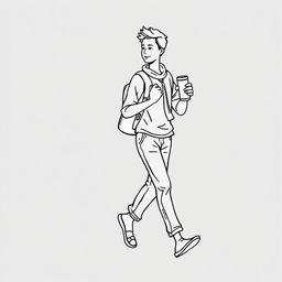 line art illustration of an Indonesian person walking while carrying a tumbler, showcasing distinctively Indonesian facial features and attire