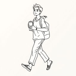 line art illustration of an Indonesian person walking while carrying a tumbler, showcasing distinctively Indonesian facial features and attire