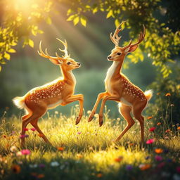 A harmonious and enchanting scene featuring two golden deer playing gracefully in a sunlit meadow