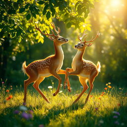 A harmonious and enchanting scene featuring two golden deer playing gracefully in a sunlit meadow