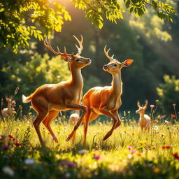 A harmonious and enchanting scene featuring two golden deer playing gracefully in a sunlit meadow