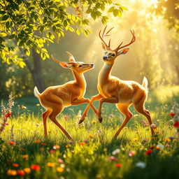 A harmonious and enchanting scene featuring two golden deer playing gracefully in a sunlit meadow