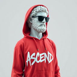 A Greek marble statue modernized with a vibrant red hoodie, featuring graffiti-styled lettering spelling "ASCEND" across the chest as a brand logo