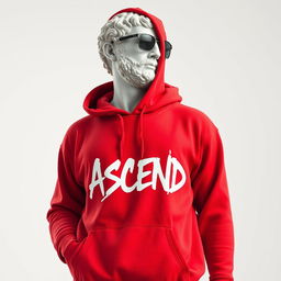 A Greek marble statue modernized with a vibrant red hoodie, featuring graffiti-styled lettering spelling "ASCEND" across the chest as a brand logo