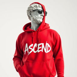 A Greek marble statue modernized with a vibrant red hoodie, featuring graffiti-styled lettering spelling "ASCEND" across the chest as a brand logo