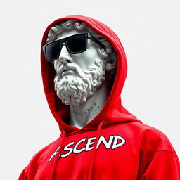 A Greek marble statue modernized with a vibrant red hoodie, featuring graffiti-styled lettering spelling "ASCEND" across the chest as a brand logo