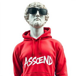 A Greek marble statue modernized with a vibrant red hoodie, featuring graffiti-styled lettering spelling "ASCEND" across the chest as a brand logo