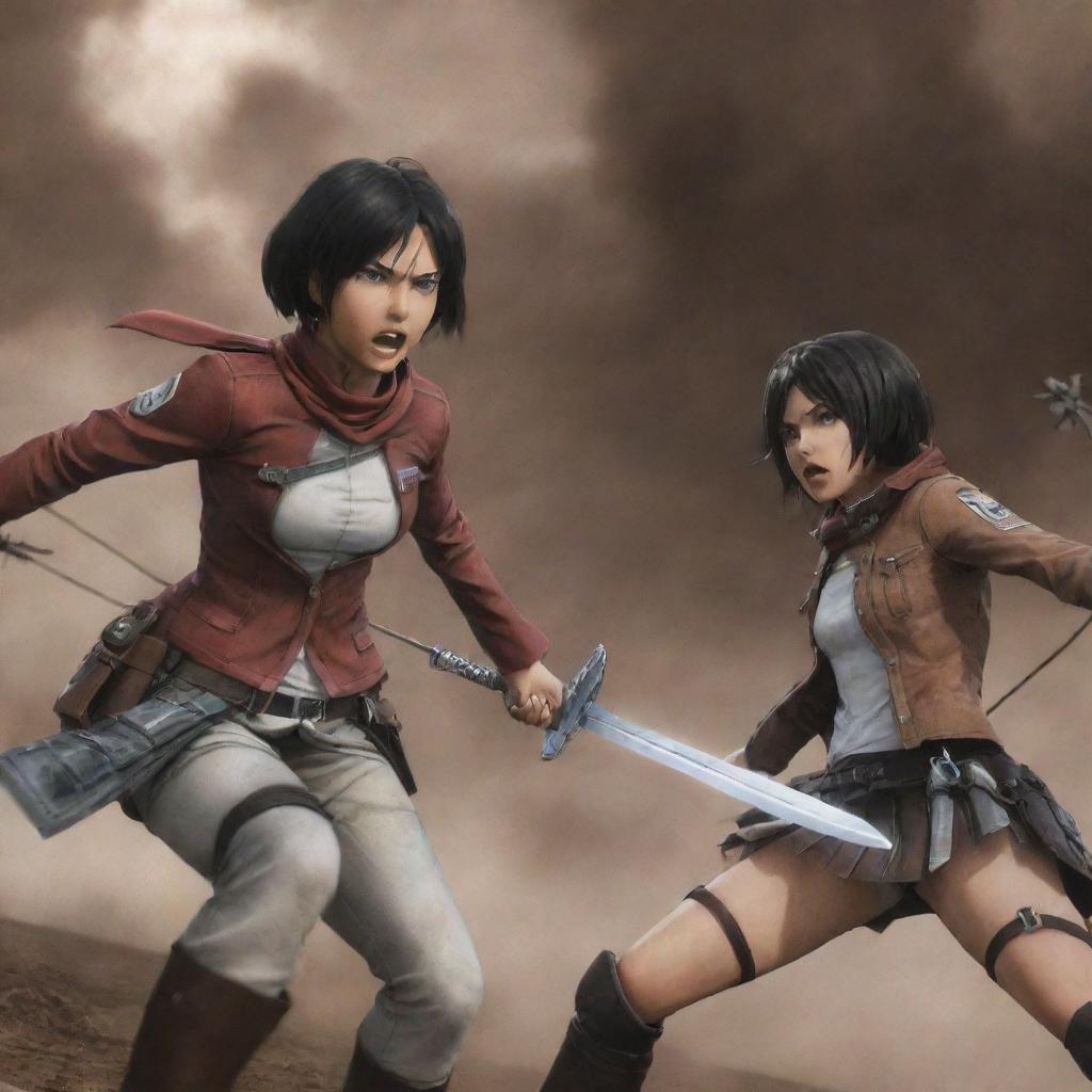 Visualize an intense battle scene between Mikasa Ackerman and Annie Leonhart from Attack on Titan. Both characters demonstrate their exceptional combat skills amidst a grim, war-torn backdrop.