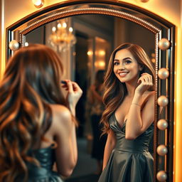 A beautiful girl applying makeup in front of a luxurious mirror, preparing to attend a glamorous party