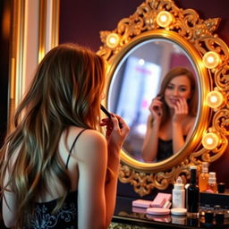 A beautiful girl applying makeup in front of a luxurious mirror, preparing to attend a glamorous party