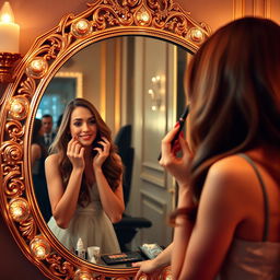 A beautiful girl applying makeup in front of a luxurious mirror, preparing to attend a glamorous party