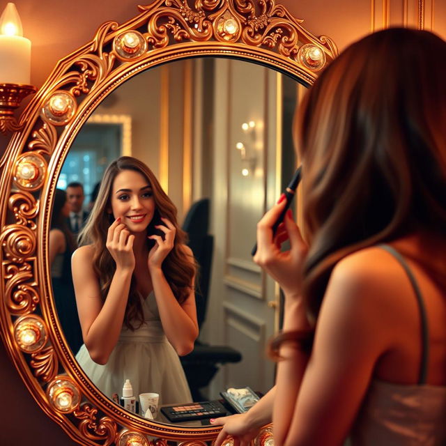 A beautiful girl applying makeup in front of a luxurious mirror, preparing to attend a glamorous party