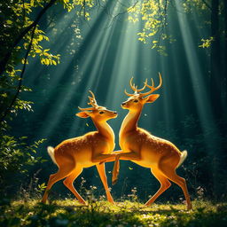 Two elegant golden deer gracefully playing in a lush forest