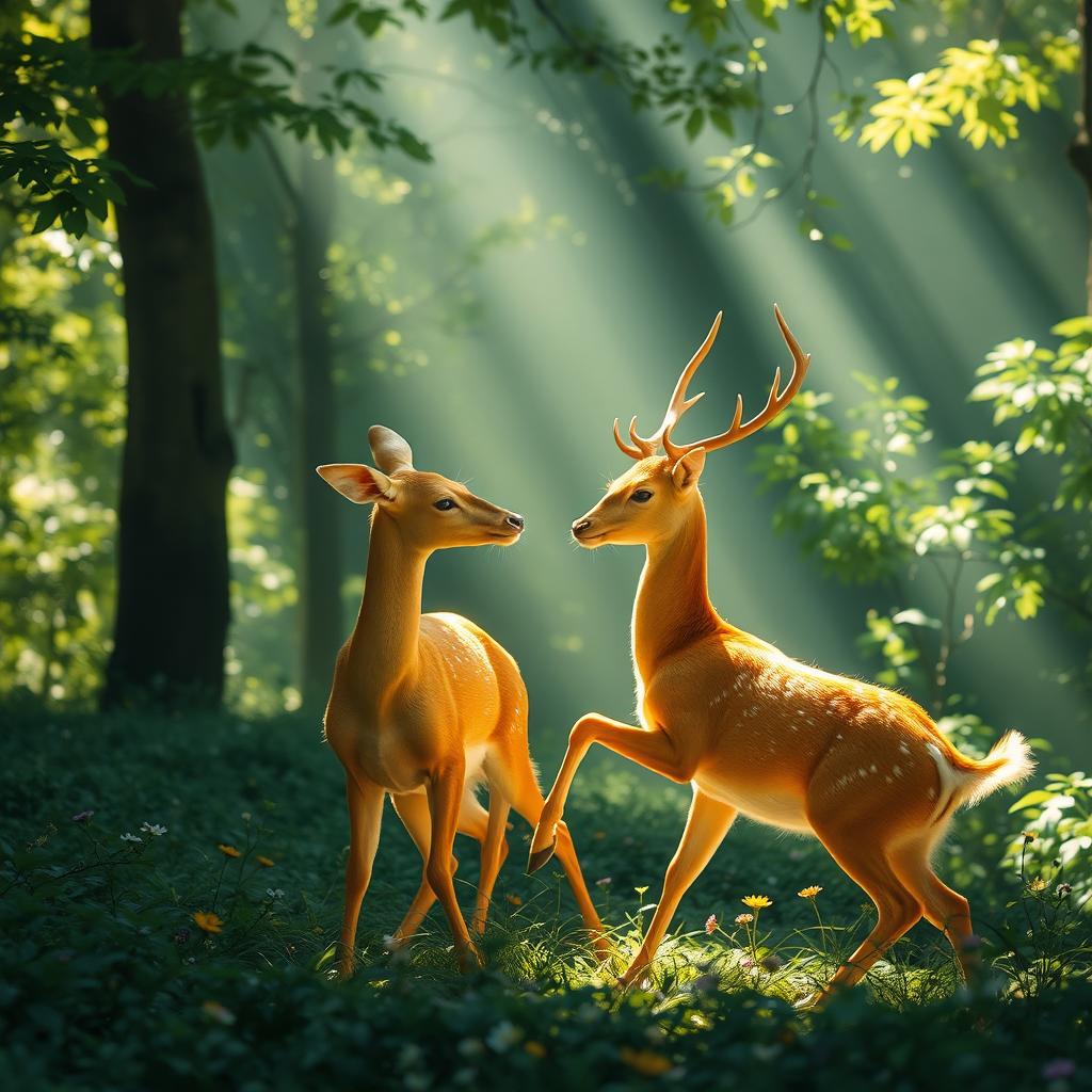 Two elegant golden deer gracefully playing in a lush forest