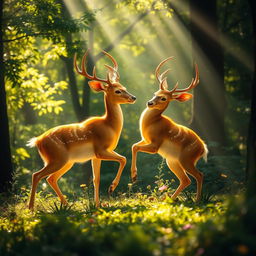 Two elegant golden deer gracefully playing in a lush forest