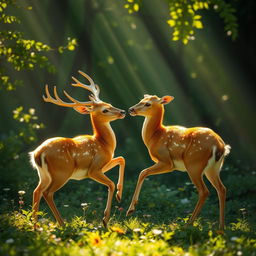 Two elegant golden deer gracefully playing in a lush forest