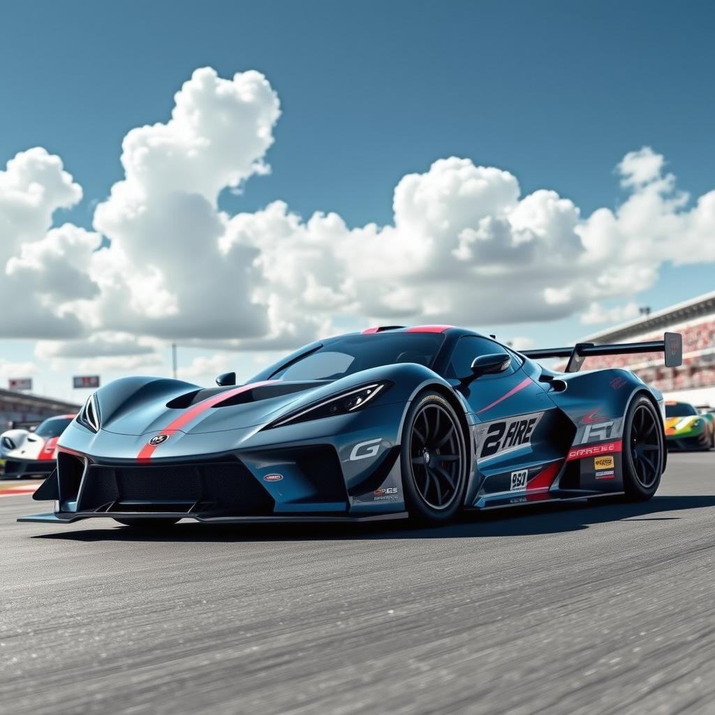 A futuristic race car design blending elements from the Corvette C8 and Porsche 963, positioned dramatically on a racetrack under a partly cloudy sky