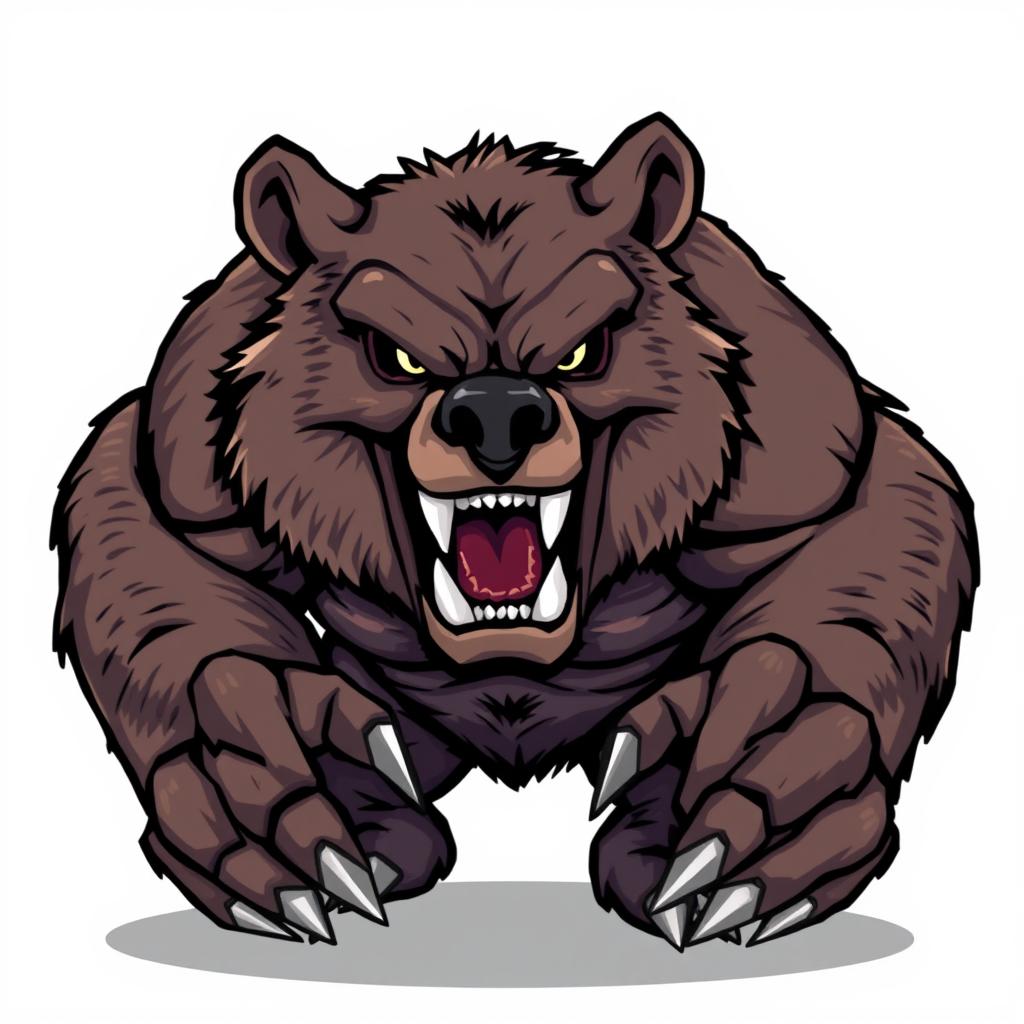 Angry bear character designed for a Unity game, illustrated in detailed pixel art style, showcasing a powerful and fierce expression with its bared teeth and intense eyes, set against a plain white background