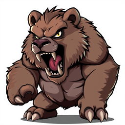 Angry bear character designed for a Unity game, illustrated in detailed pixel art style, showcasing a powerful and fierce expression with its bared teeth and intense eyes, set against a plain white background