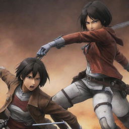 Visualize an intense battle scene between Mikasa Ackerman and Annie Leonhart from Attack on Titan. Both characters demonstrate their exceptional combat skills amidst a grim, war-torn backdrop.