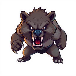 Angry bear character designed for a Unity game, illustrated in detailed pixel art style, showcasing a powerful and fierce expression with its bared teeth and intense eyes, set against a plain white background