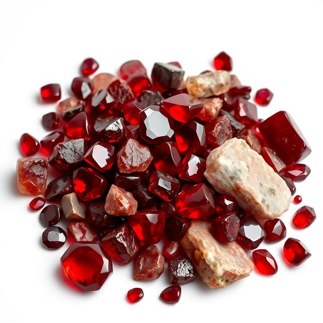 A pile of Garnet crystals, comprising both polished and raw forms, artistically displayed on a pristine white backdrop