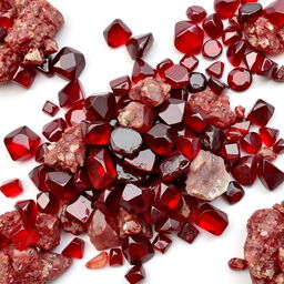 A pile of Garnet crystals, comprising both polished and raw forms, artistically displayed on a pristine white backdrop