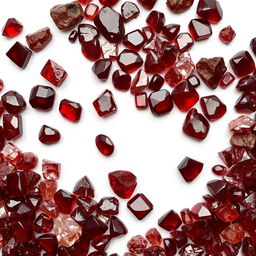 A pile of Garnet crystals, comprising both polished and raw forms, artistically displayed on a pristine white backdrop