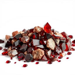 A pile of Garnet crystals, comprising both polished and raw forms, artistically displayed on a pristine white backdrop