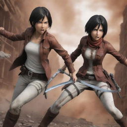 Visualize an intense battle scene between Mikasa Ackerman and Annie Leonhart from Attack on Titan. Both characters demonstrate their exceptional combat skills amidst a grim, war-torn backdrop.