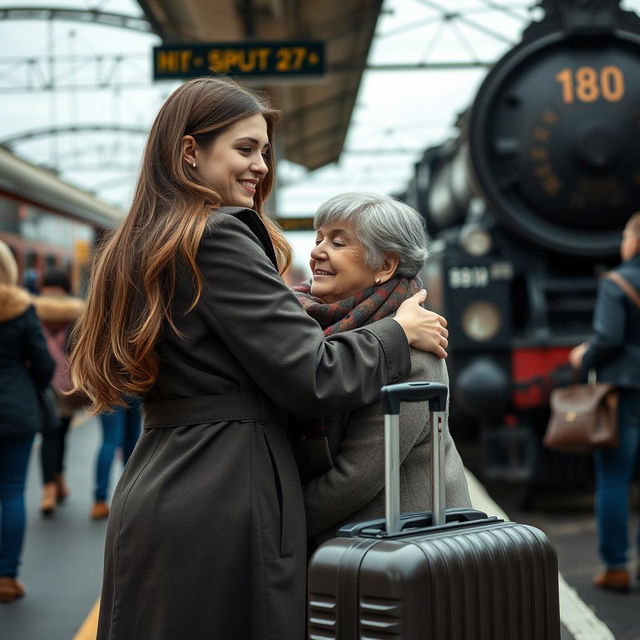 A touching scene of a young adult woman saying goodbye to her mother at a train station