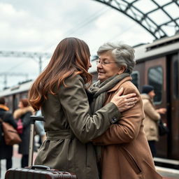 A touching scene of a young adult woman saying goodbye to her mother at a train station