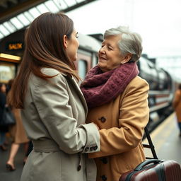 A touching scene of a young adult woman saying goodbye to her mother at a train station