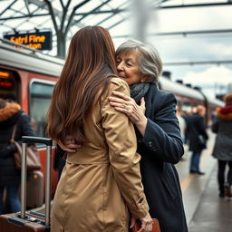 A touching scene of a young adult woman saying goodbye to her mother at a train station