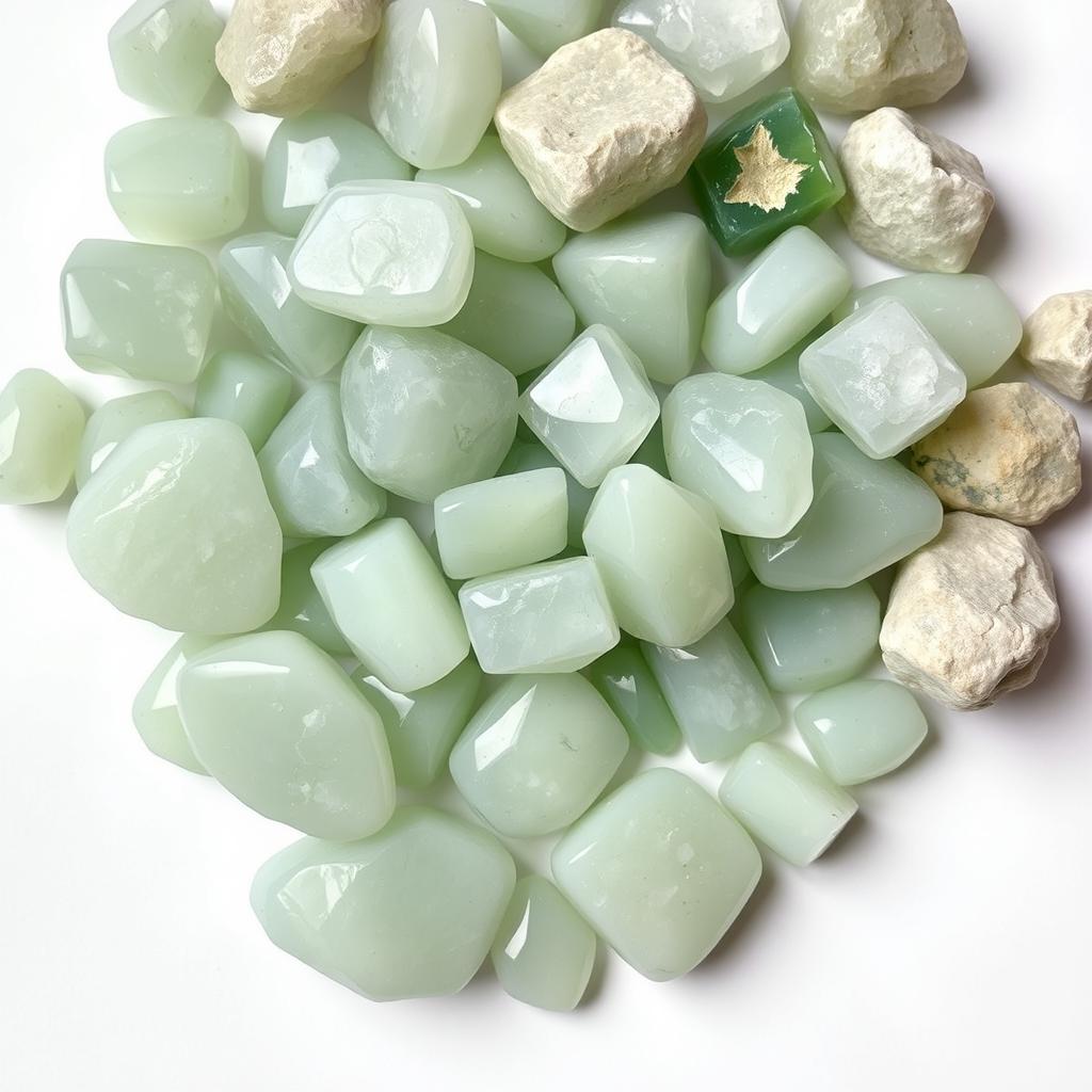 A pile of Green Aventurine crystals, comprising both polished and raw forms, elegantly displayed on a pristine white backdrop