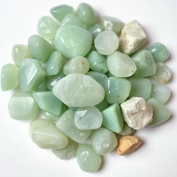 A pile of Green Aventurine crystals, comprising both polished and raw forms, elegantly displayed on a pristine white backdrop