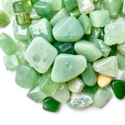 A pile of Green Aventurine crystals, comprising both polished and raw forms, elegantly displayed on a pristine white backdrop