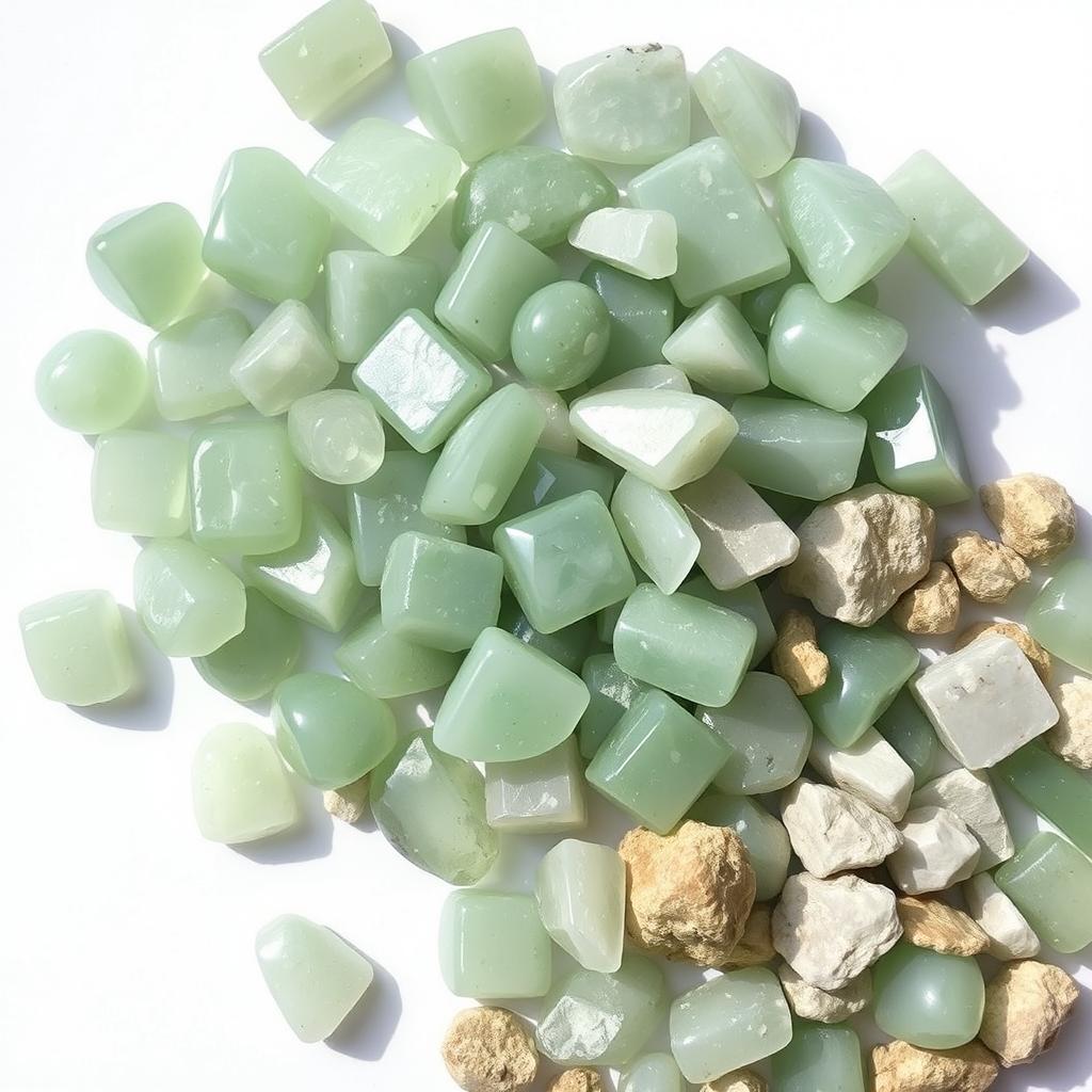 A pile of Green Aventurine crystals, comprising both polished and raw forms, elegantly displayed on a pristine white backdrop