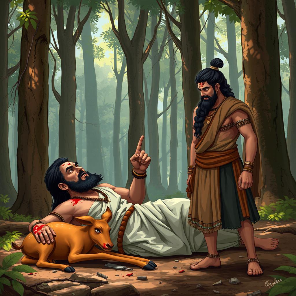 Rishi Kindama, with a furious expression, curses at Pandu who stands before him