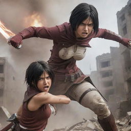 An electrifying image of Mikasa Ackerman engaged in combat with the Female Titan from Attack on Titan. Mikasa, armed with her blades, faces the colossal adversary amidst the ruins of a city.