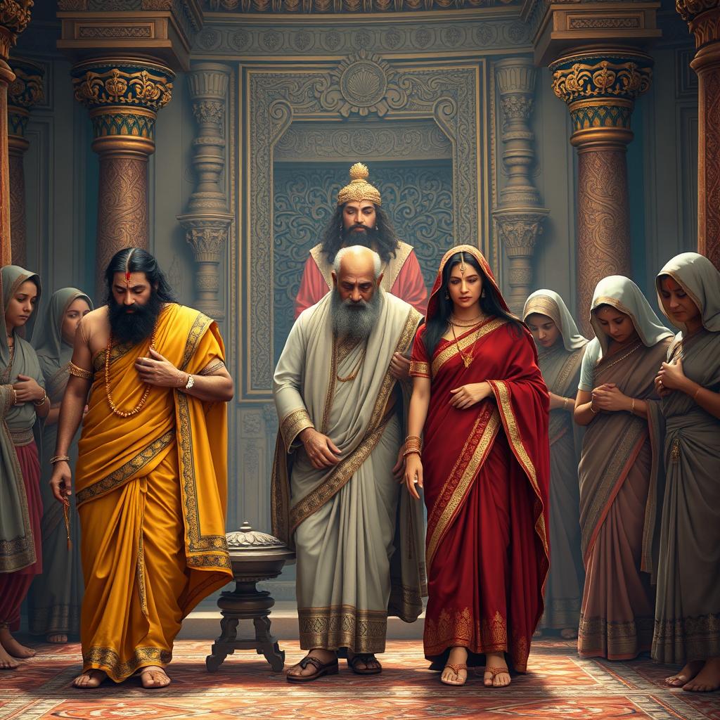 In an elaborate palace setting, Pandu and his two wives depart with sorrowful expressions