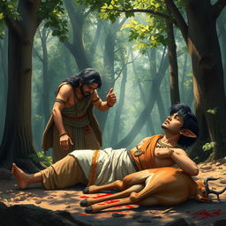 Rishi Kindama, with an expression of fury and indignation, curses at Pandu who stands before him with a profoundly sad face