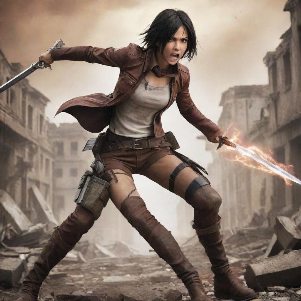 An electrifying image of Mikasa Ackerman engaged in combat with the Female Titan from Attack on Titan. Mikasa, armed with her blades, faces the colossal adversary amidst the ruins of a city.