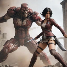 An electrifying image of Mikasa Ackerman engaged in combat with the Female Titan from Attack on Titan. Mikasa, armed with her blades, faces the colossal adversary amidst the ruins of a city.