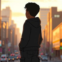 Animation of a black male character, medium build, wearing a stylish black hoodie and cargo long jeans, standing with his back turned